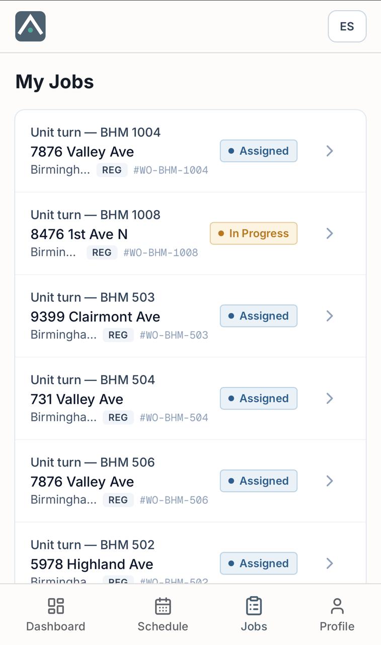 ClearField field app, a technician's My Jobs list of unit-turn work orders