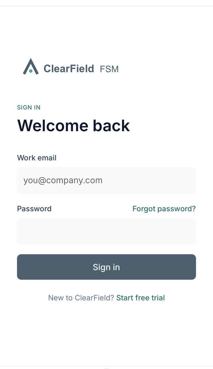 ClearField FSM sign-in screen
